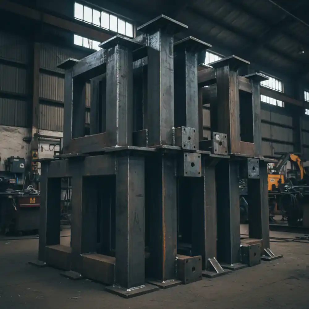Heavy industrial steel table legs stacked in the workshop
