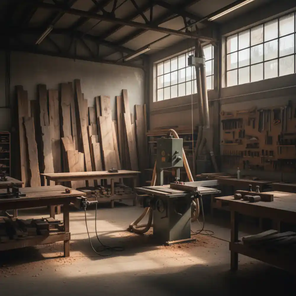Spacious workshop interior showing reclaimed wood planks and specialized tools