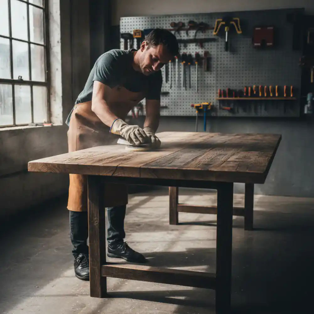 Craftsman carefully hand-sanding a reclaimed wooden table surface