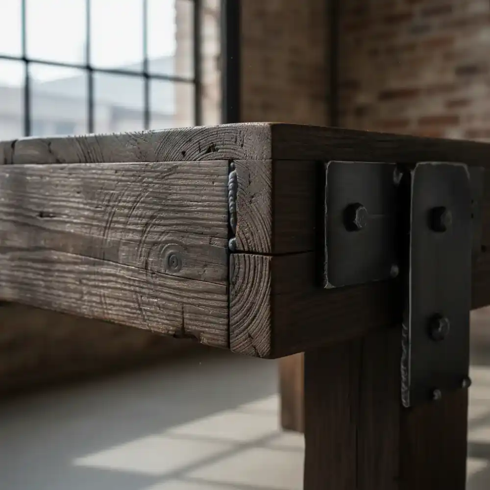 Close up of a wood joint on a reclaimed dining table