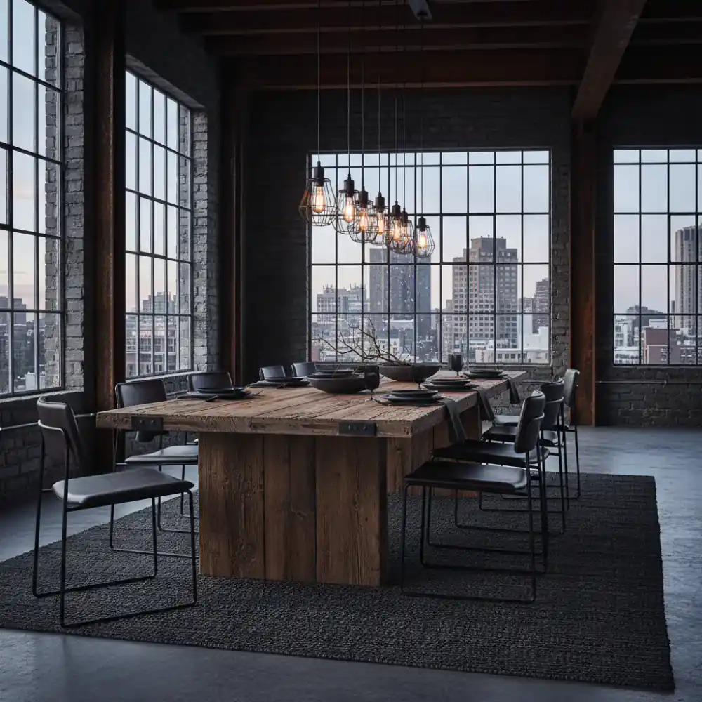 A large reclaimed wood dining table in a modern loft space