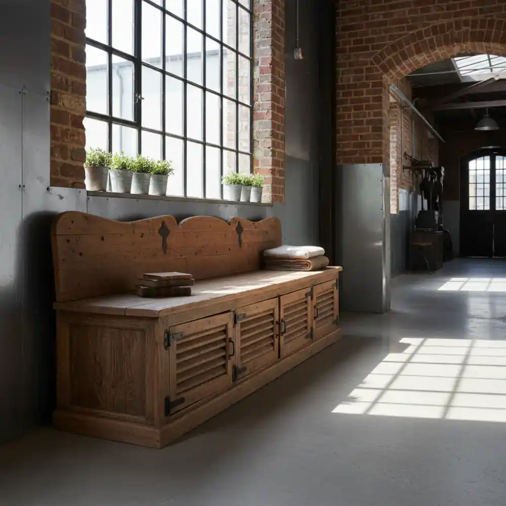 A rustic storage bench sitting in a bright hallway