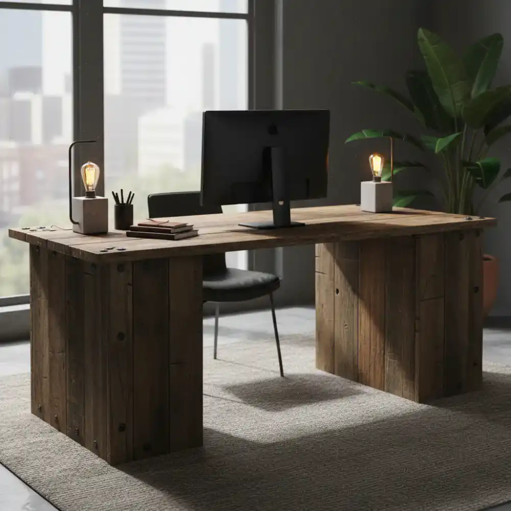 A sturdy wooden desk made from upcycled timber in a home office setup