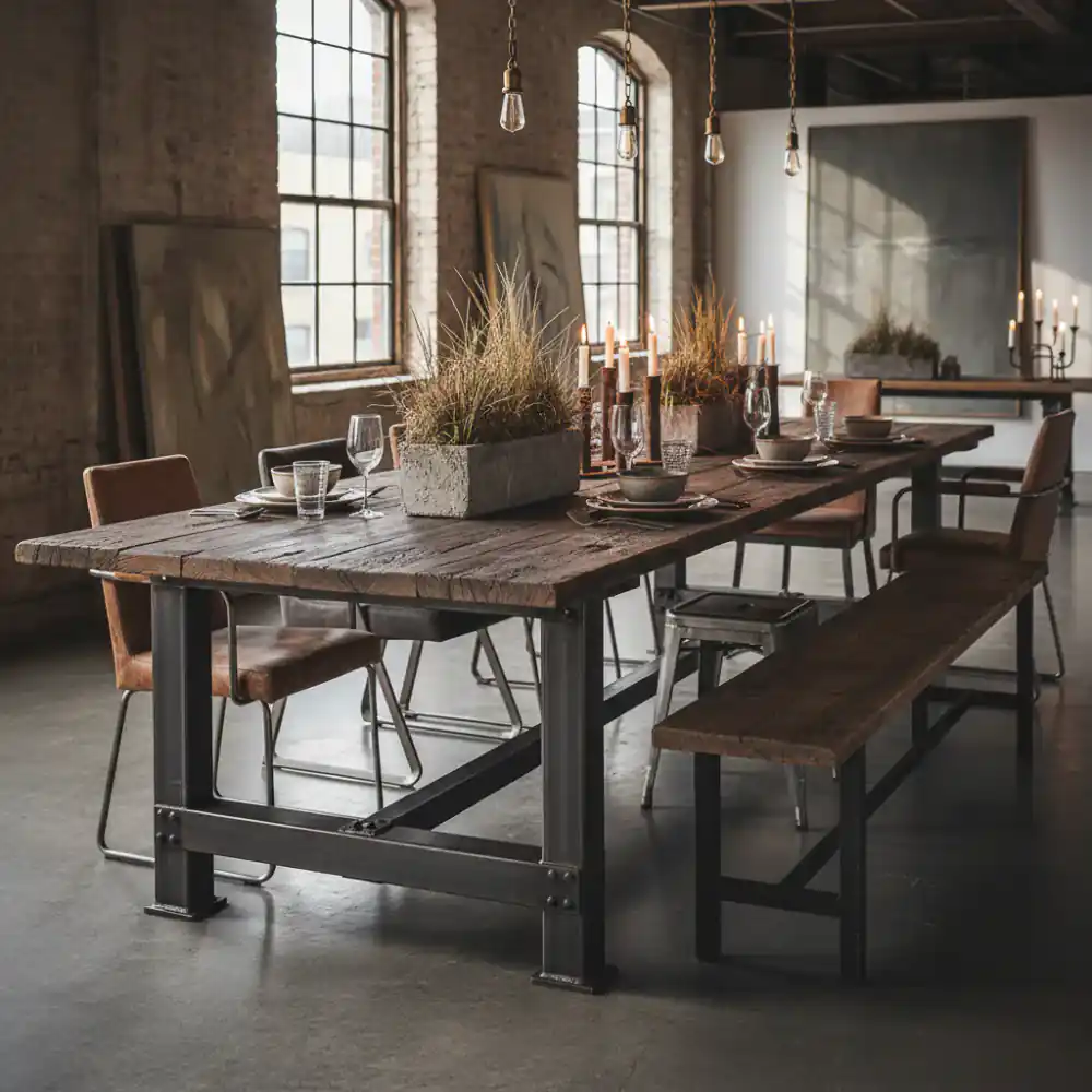 A large family dining table made from historic reclaimed floorboards