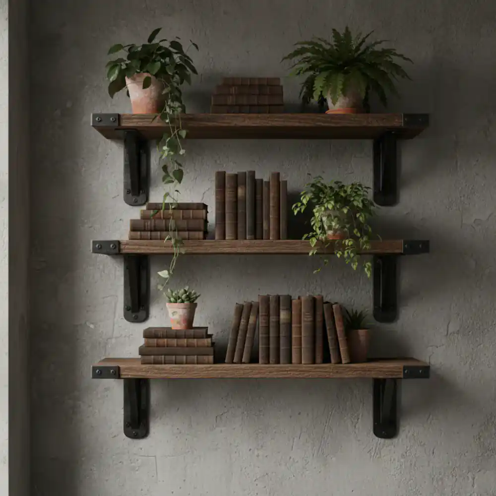 Industrial wall shelves with cast iron brackets holding books and plants