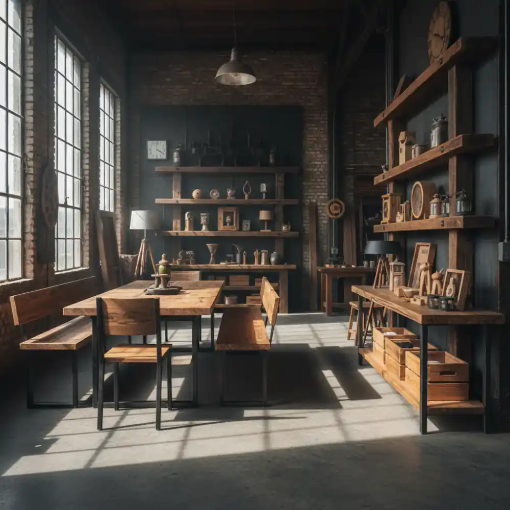 A wide view of finished reclaimed wood furniture inside a bright workshop space