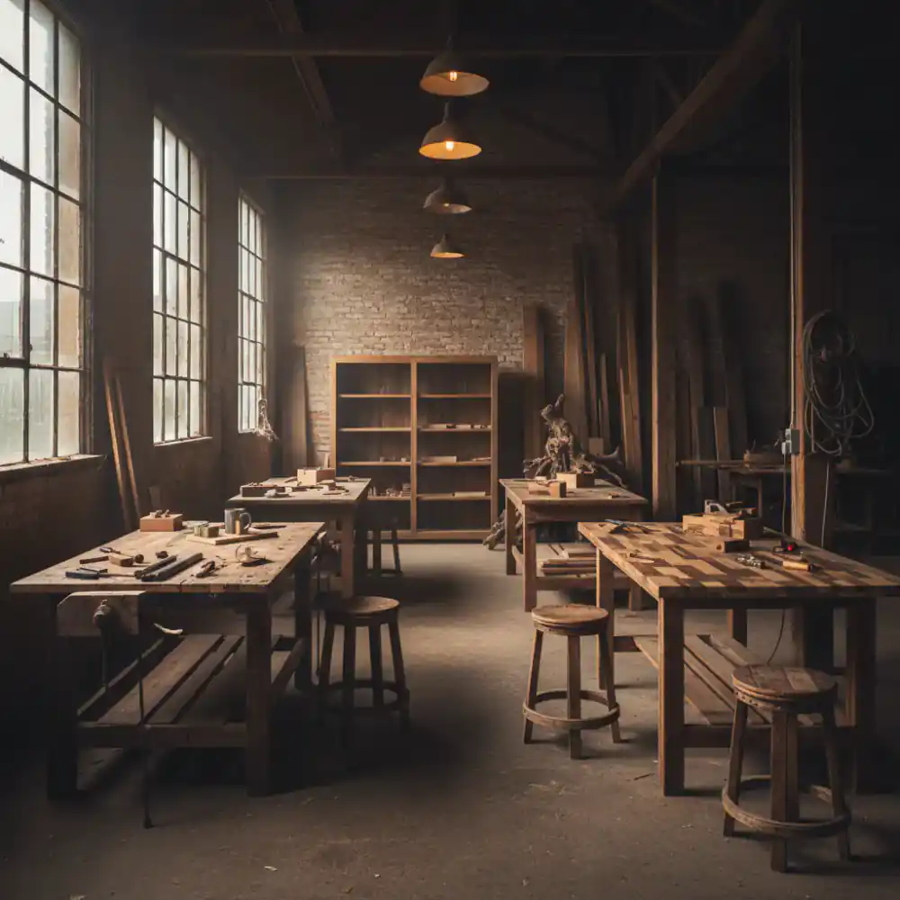 Workshop showing upcycled timber and handmade furniture