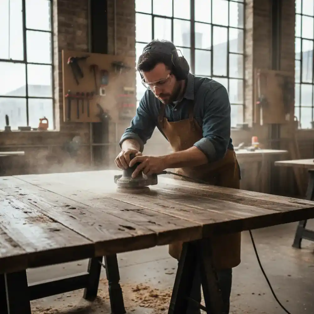 Craftsman sanding a reclaimed wood tabletop